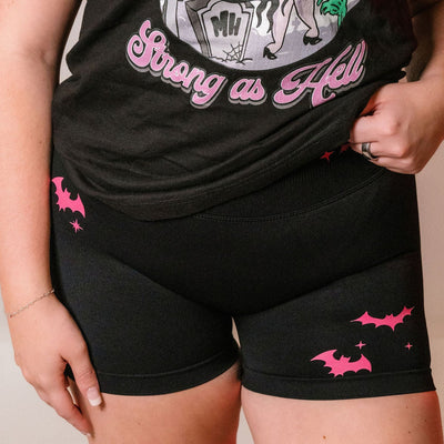 GOTH MOMMY PINK BATS BLACK- SCRUNCH SHORTS
